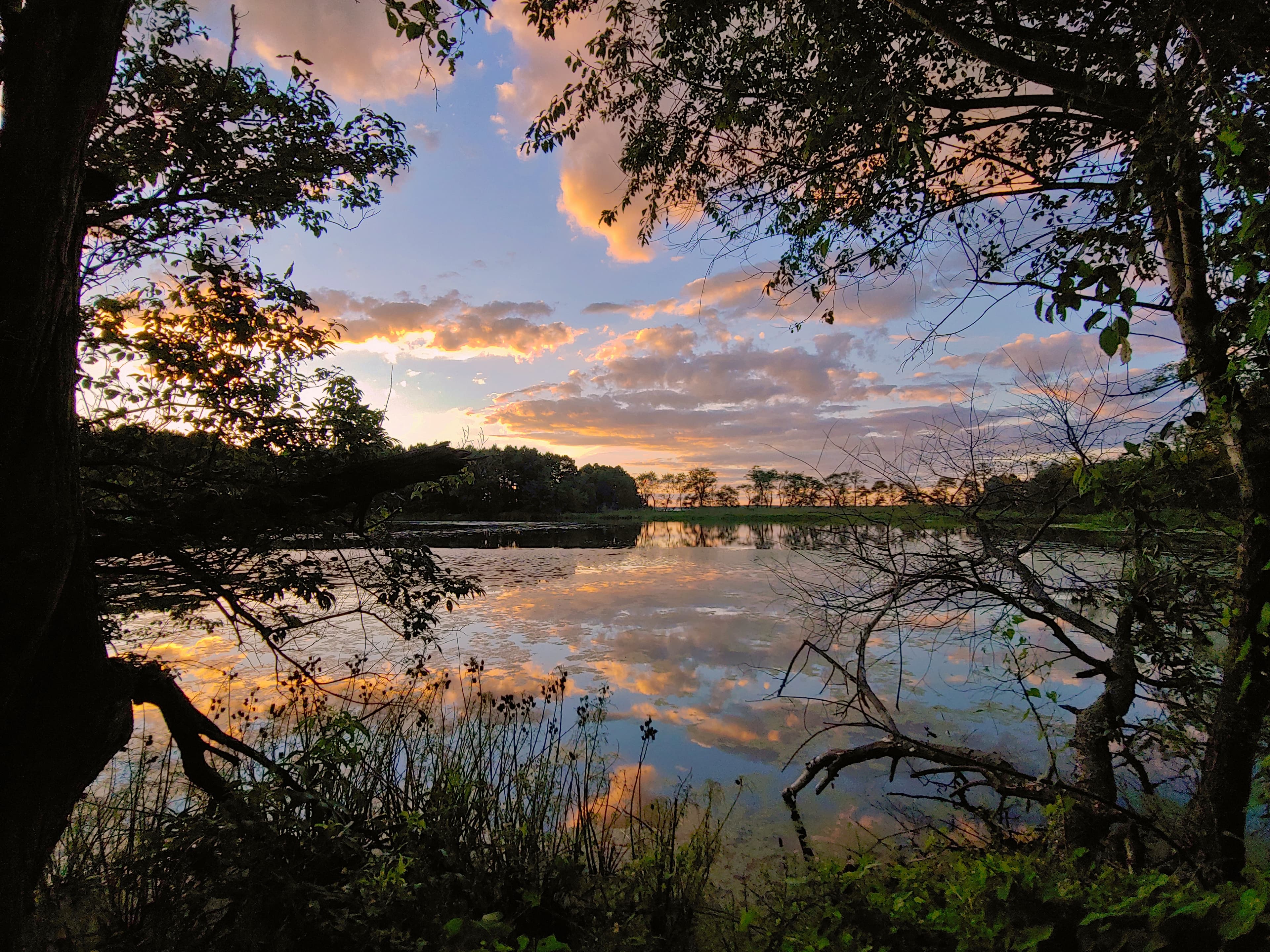 A serene lake reflects colorful clouds and trees at sunset.