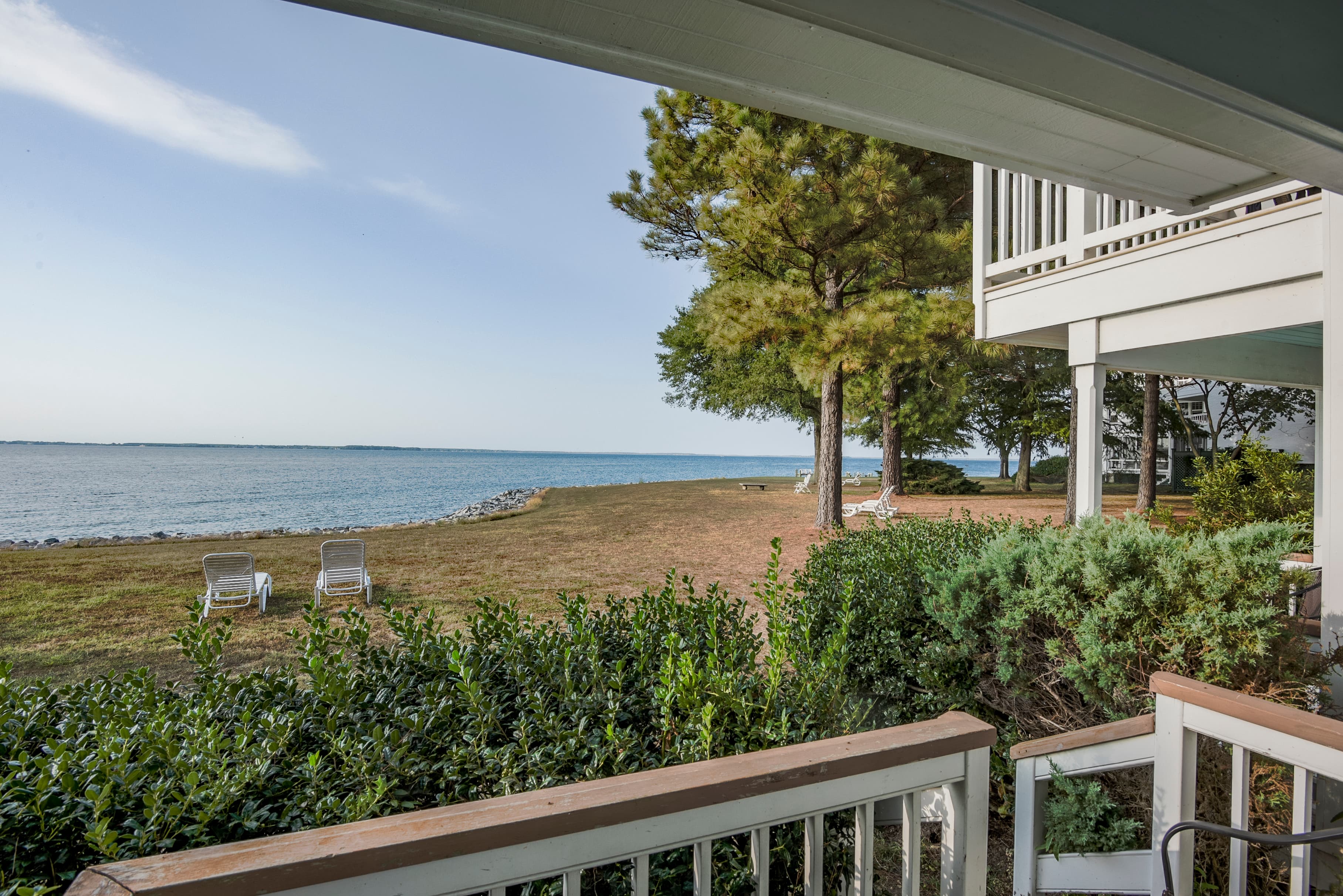 View of a calm lakeside scene with green grass, two lounge chairs, and distant trees.