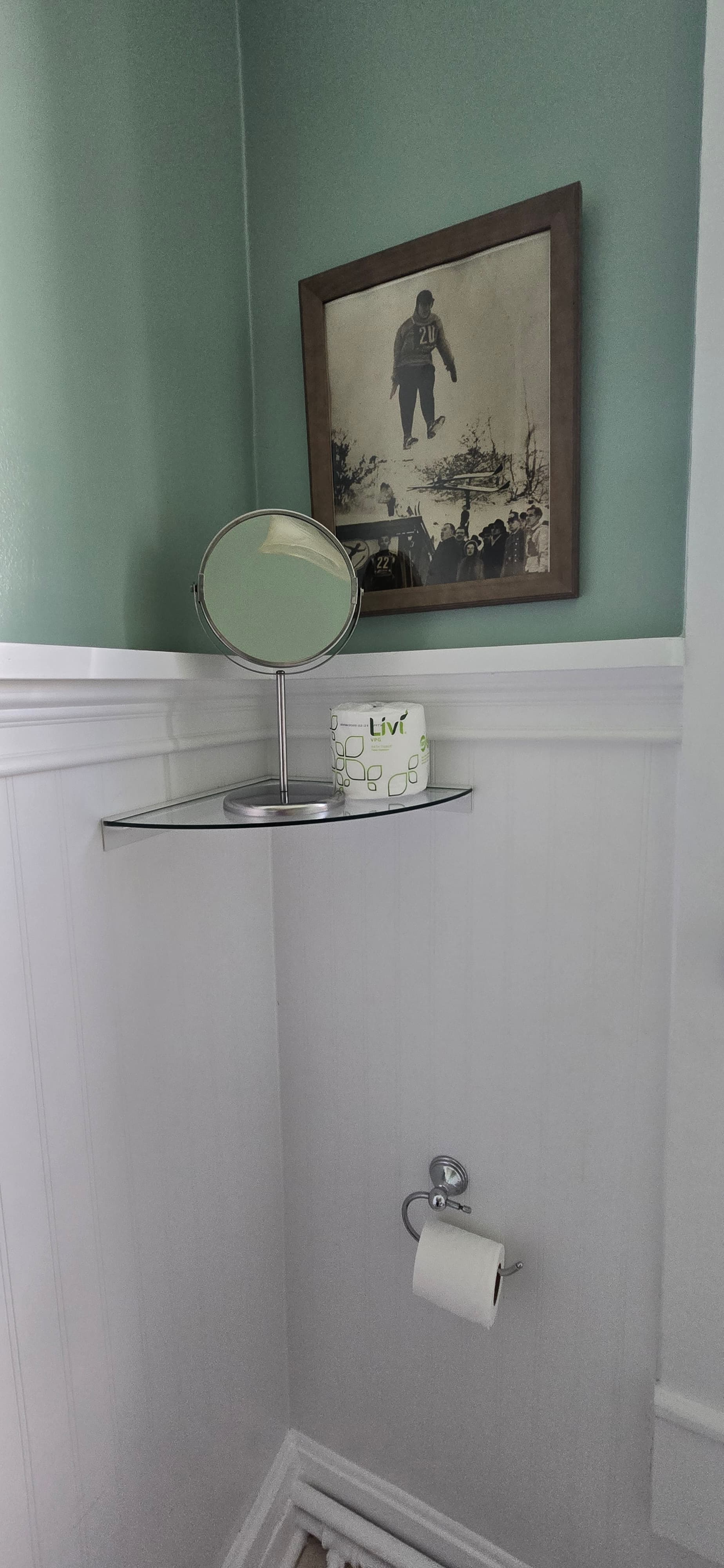 A small bathroom corner featuring a framed picture, a round mirror, a shelf with a decorative container, and a toilet paper holder.