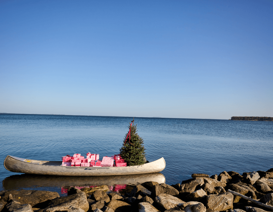 A canoe filled with pink-wrapped gifts and a small Christmas tree rests on the shore of a calm lake under a clear blue sky.