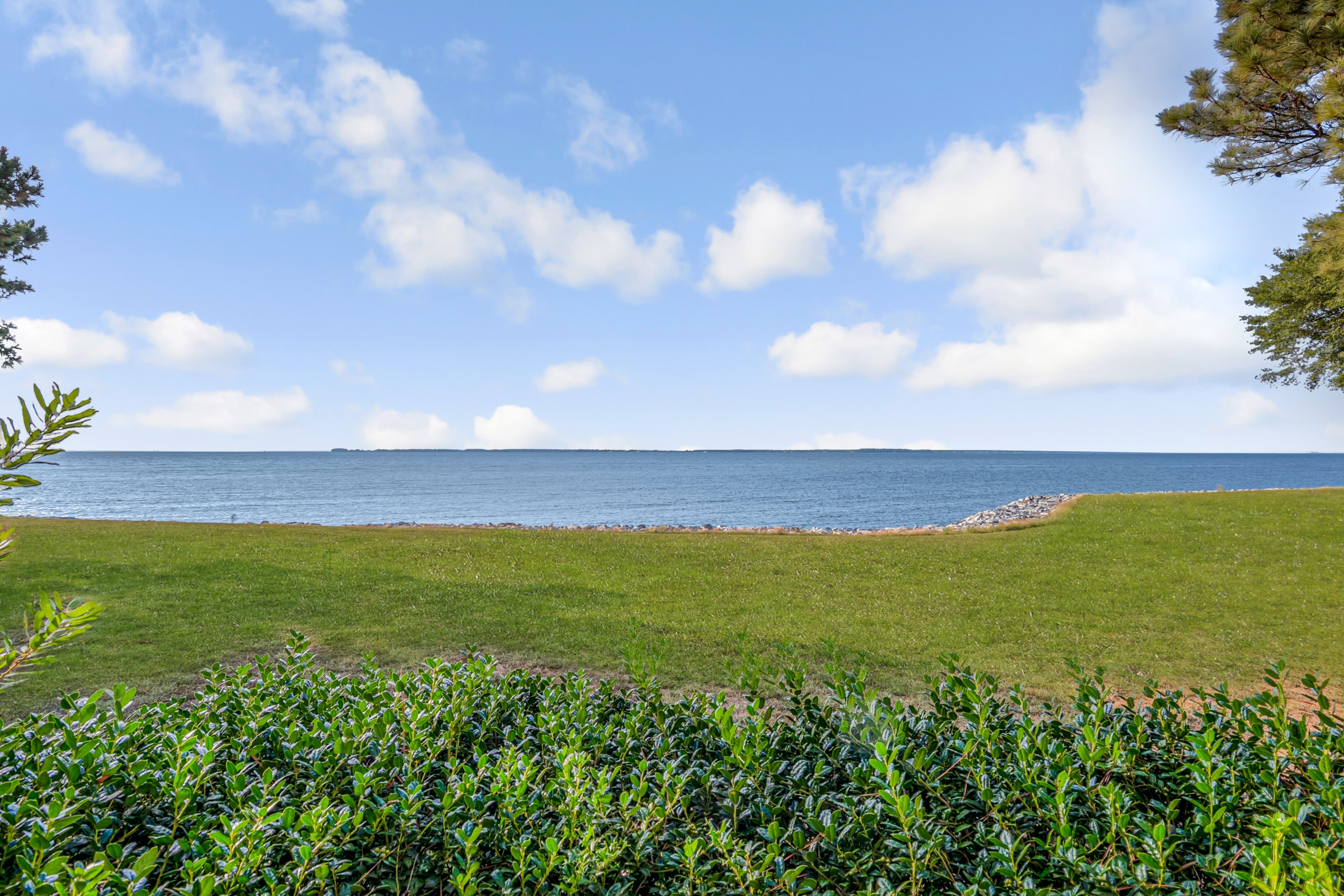 A lush green lawn meets a calm blue lake under a clear sky.