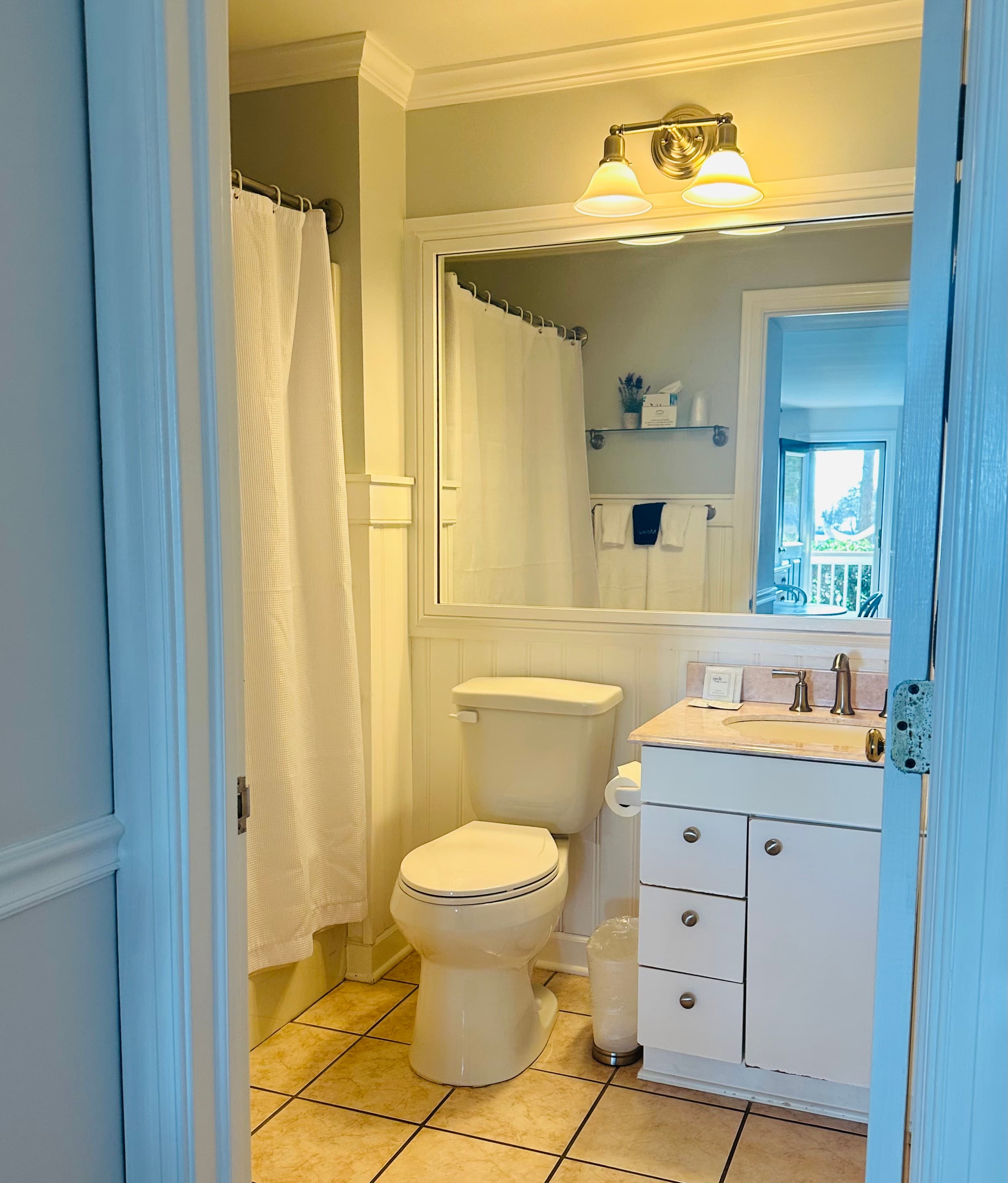 A bright bathroom featuring a toilet, sink with a countertop, and a shower curtain.