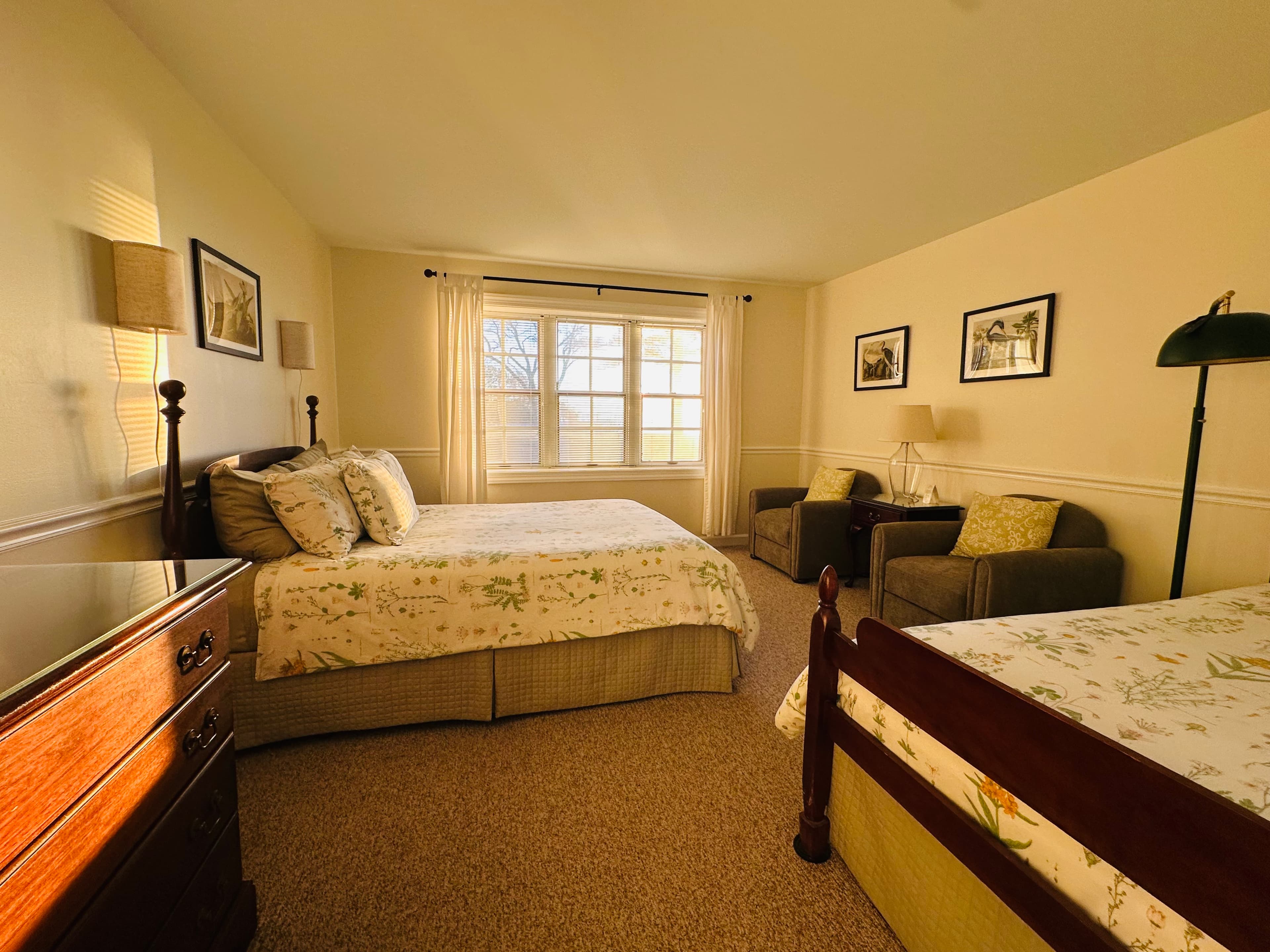 A cozy bedroom featuring two beds, a window with natural light, and tasteful decor.