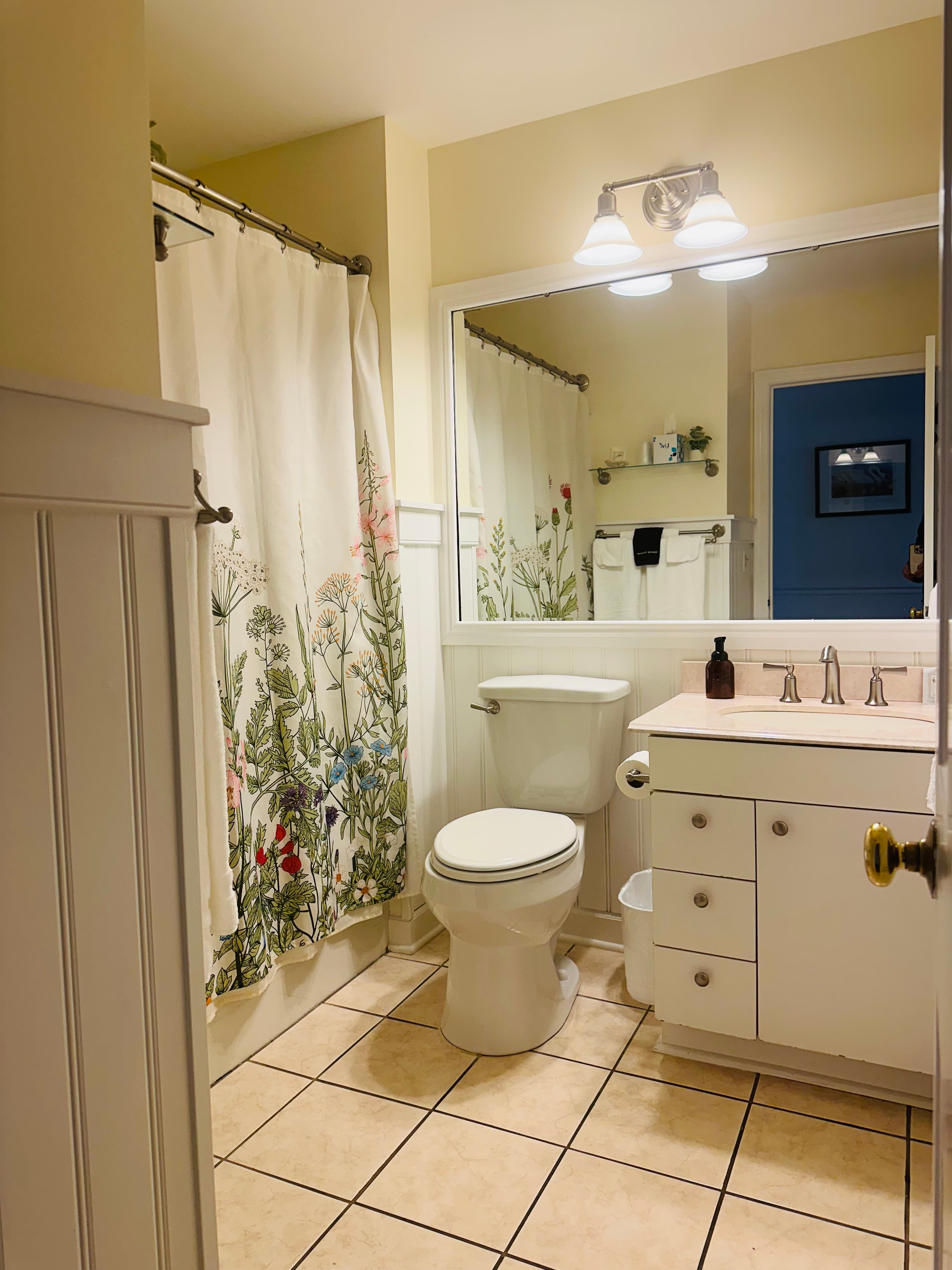 A cozy bathroom featuring a floral shower curtain, a sink with a mirror, and a toilet.