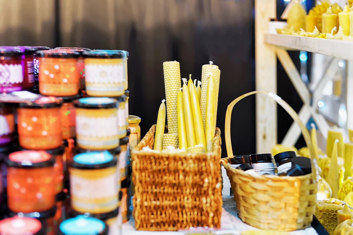 Candles sitting on a table at a store.